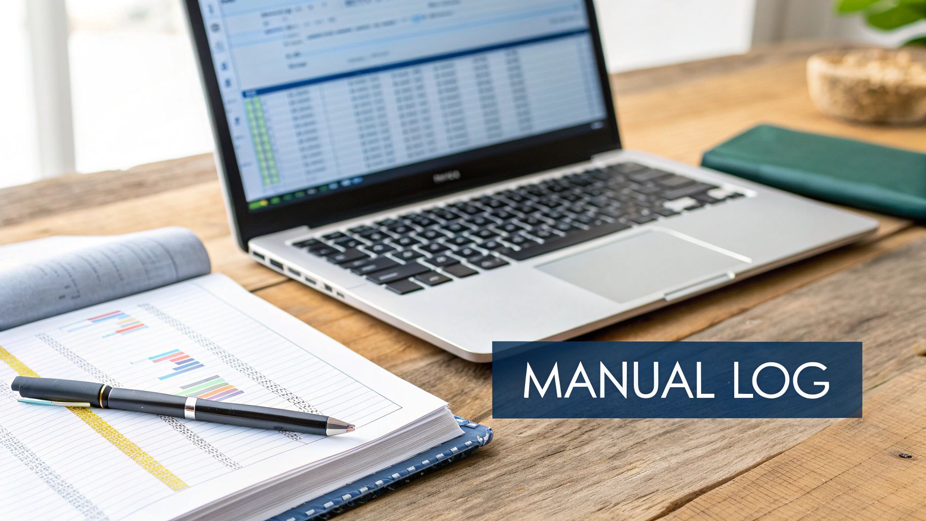 A person writing in a notebook next to a laptop, representing manual work hour tracking.