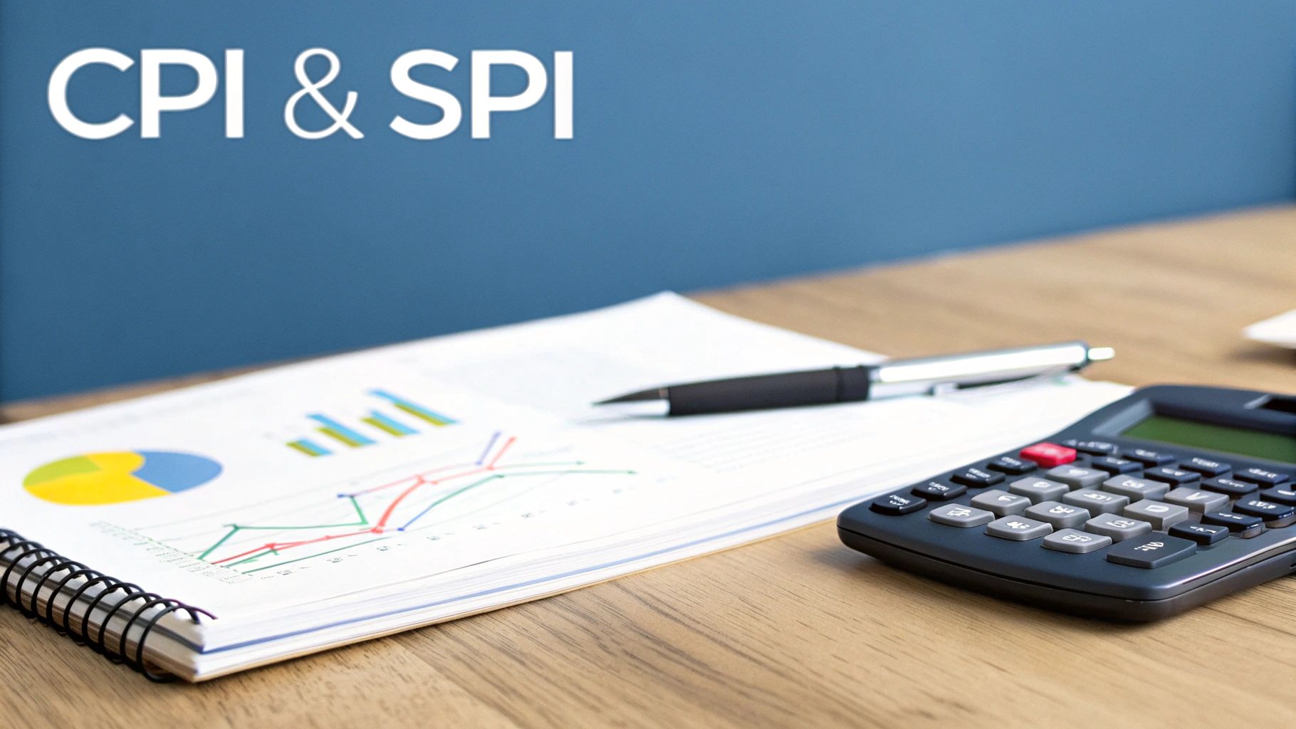 White text &#39;CPI &amp; SPI&#39; above a desk with financial charts, a pen, and a calculator.