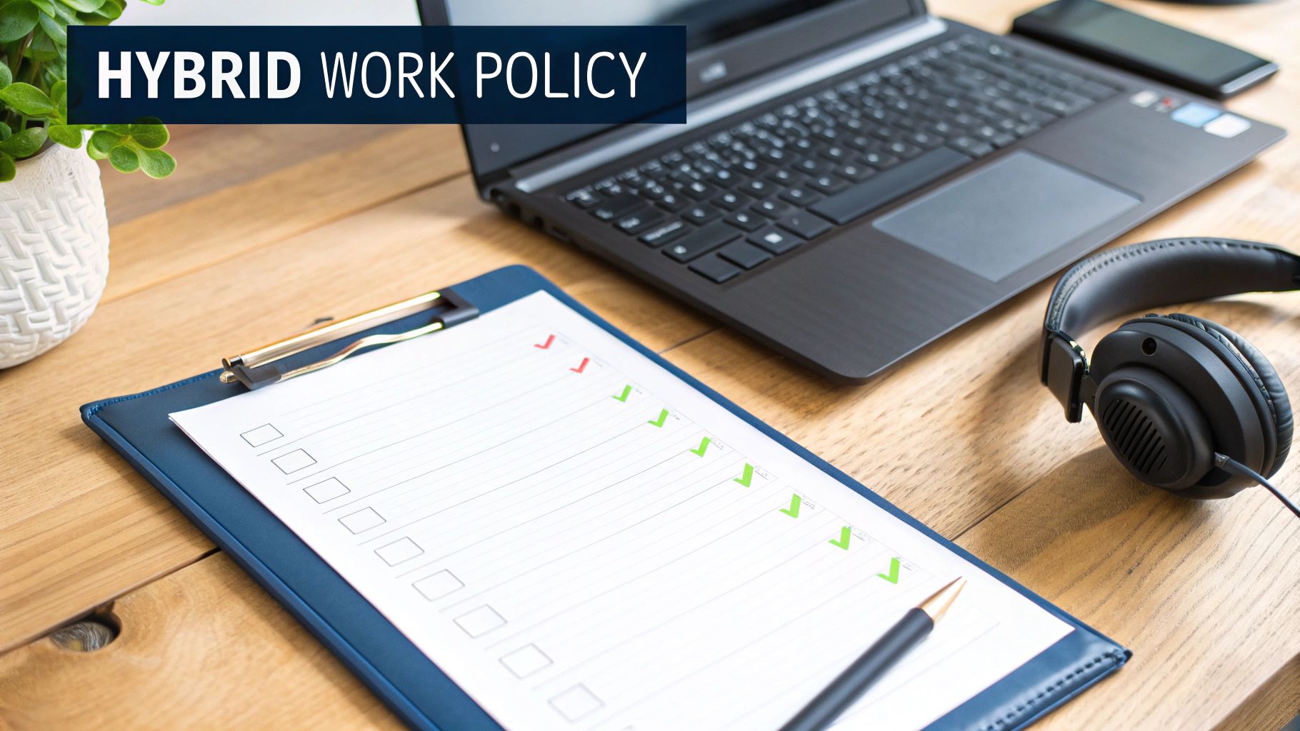 A desk setup with laptop, headphones, plant, and clipboard displaying 'Hybrid Work Policy' on a banner.