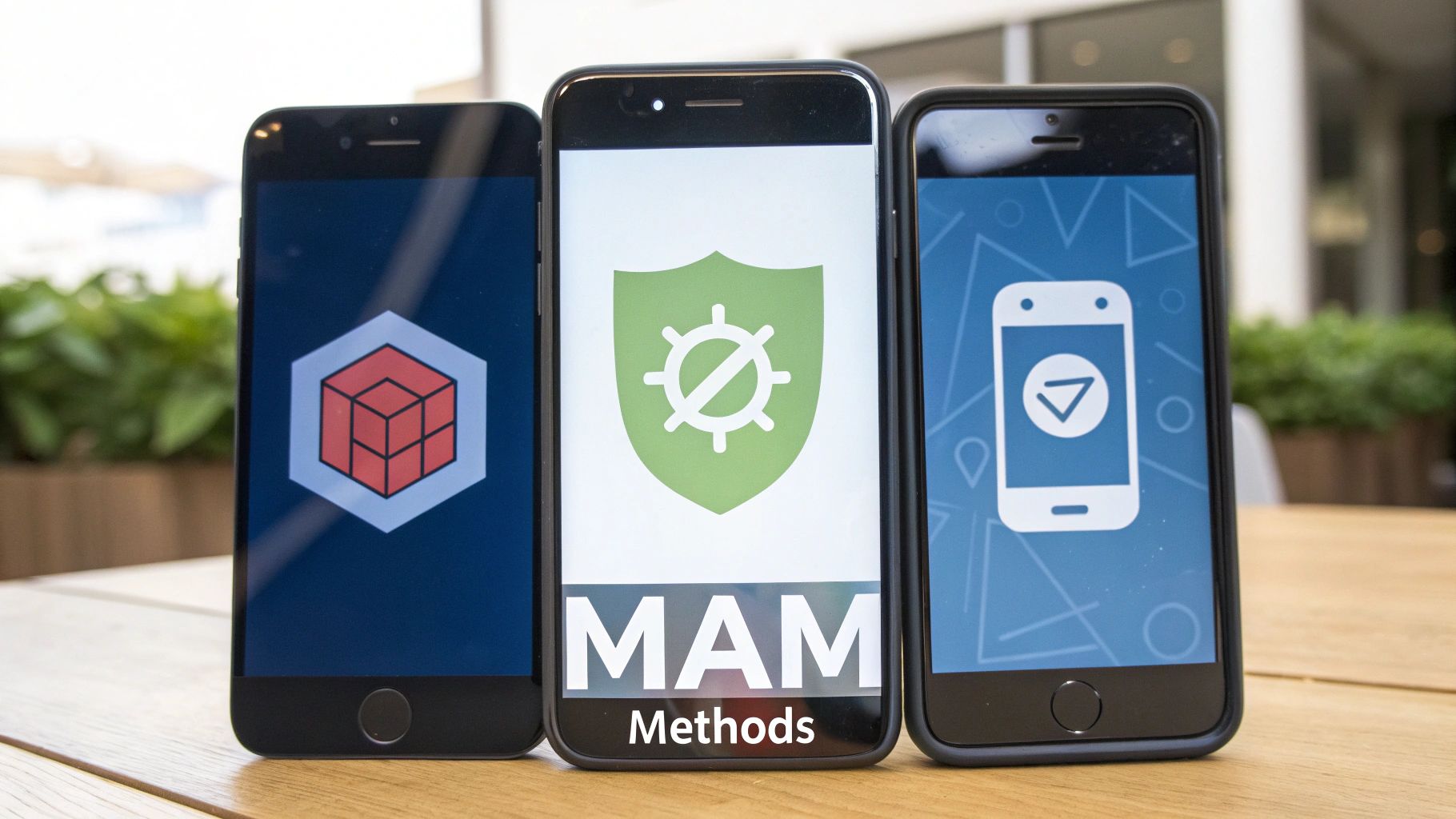 Three smartphones showcasing different app management logos and methods on their screens.