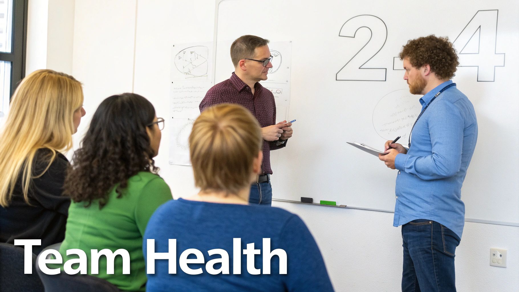A diverse group of colleagues attending a team health discussion in a modern office.