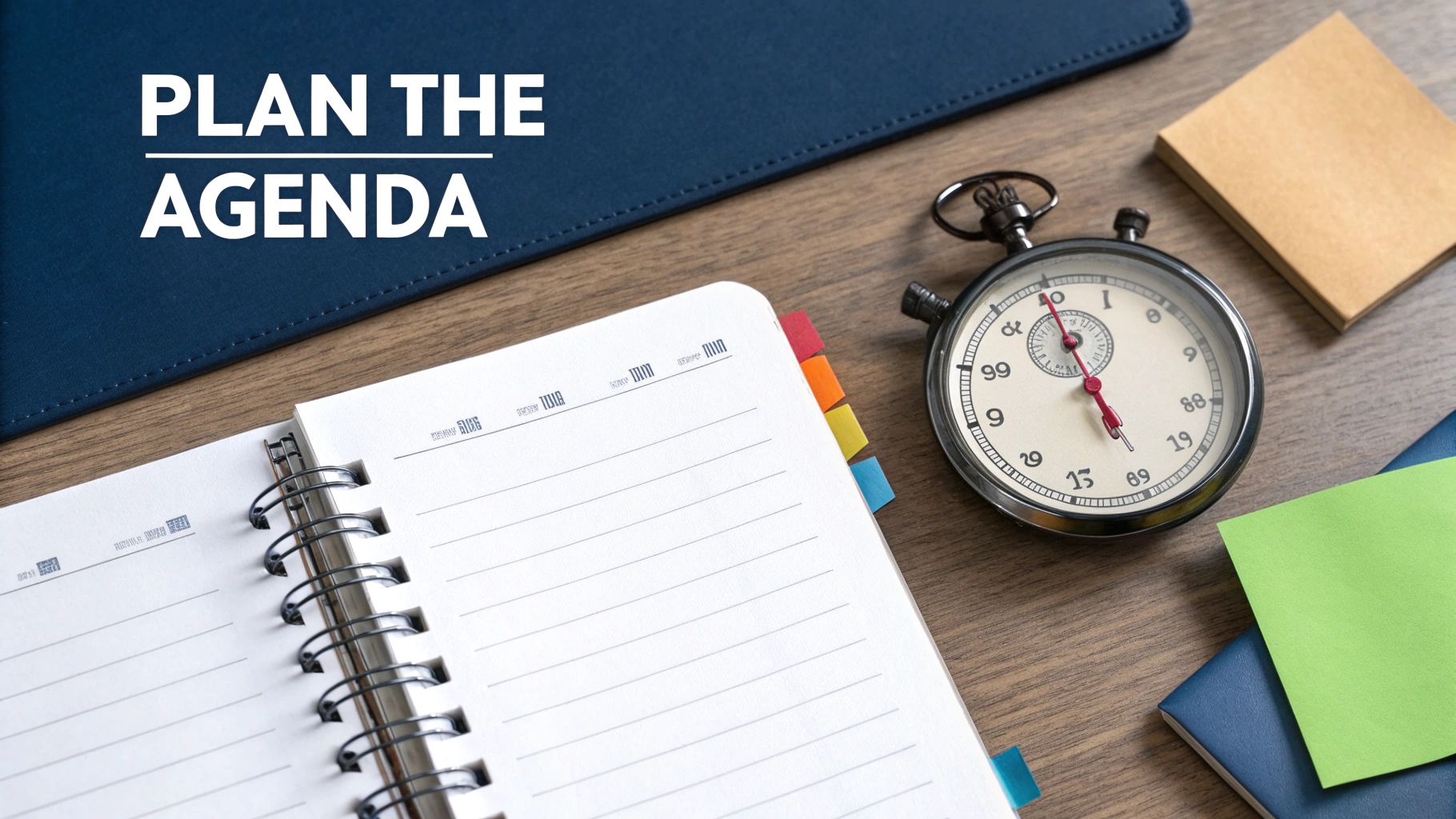 Overhead view of a desk with an open notebook, stopwatch, sticky notes, and text &#39;PLAN THE AGENDA&#39;.