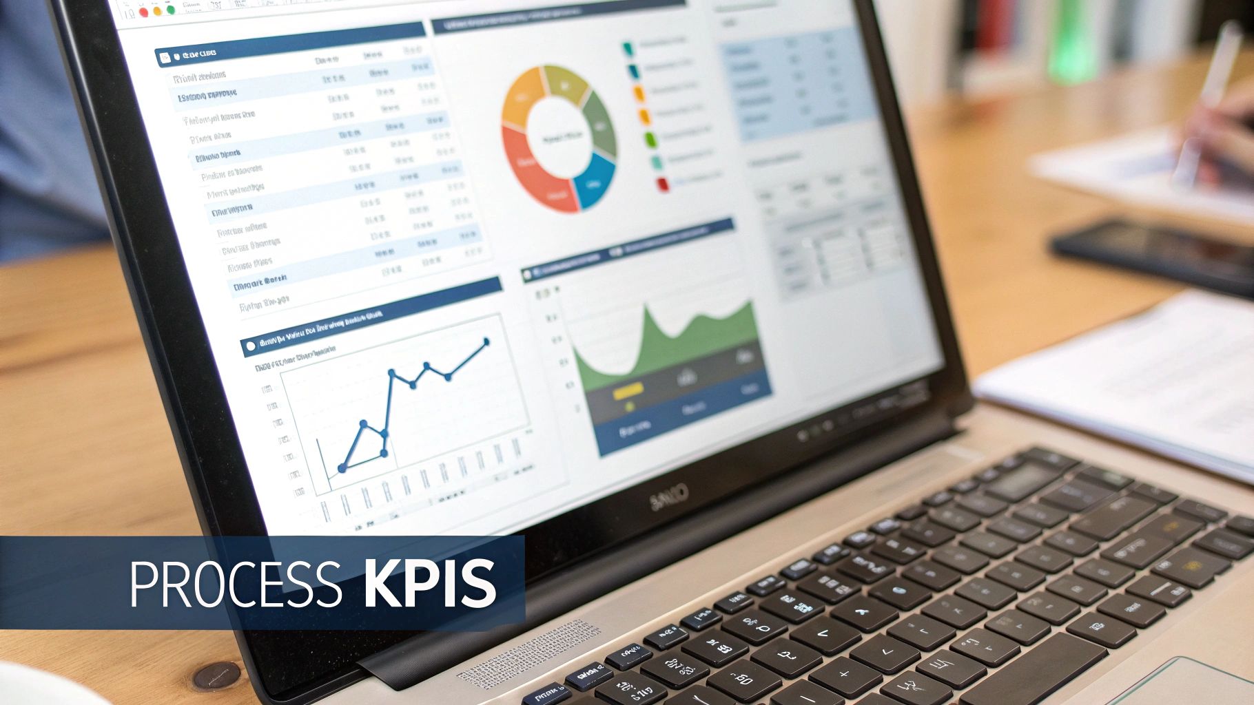 A laptop displaying a business dashboard with charts and graphs, representing process KPIs.
