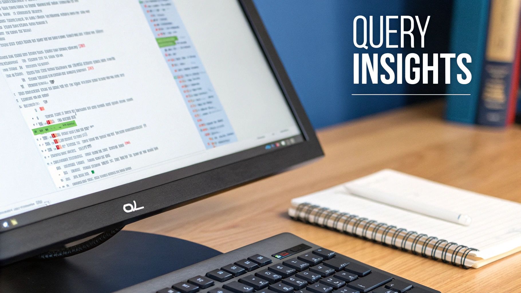 A computer monitor displaying code, keyboard, and notebook on a wooden desk, with 'QUERY INSIGHTS' text overlay.