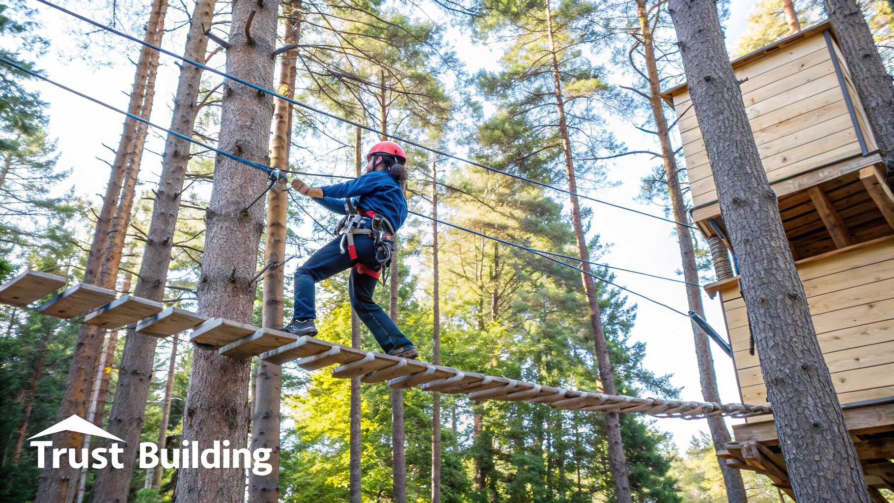 A team navigating a high ropes course together