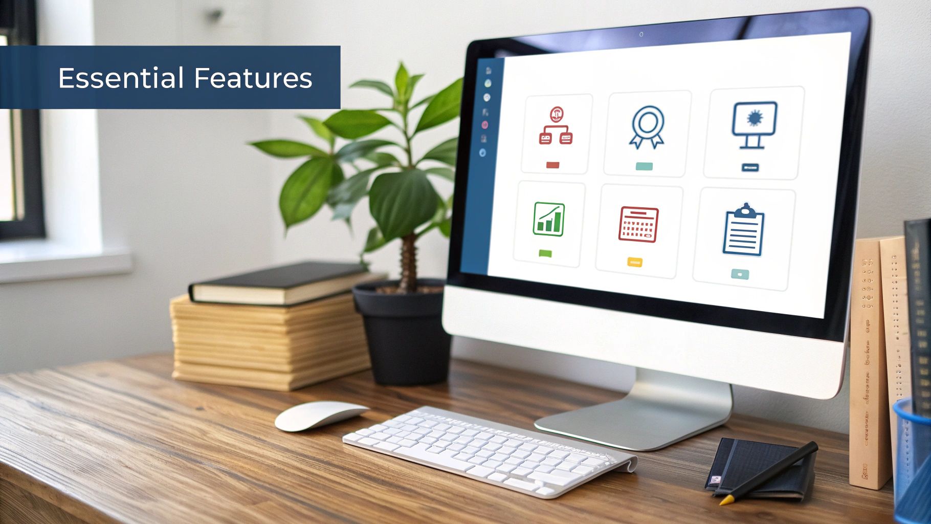 A computer monitor displaying software features icons on a modern desk with a plant.