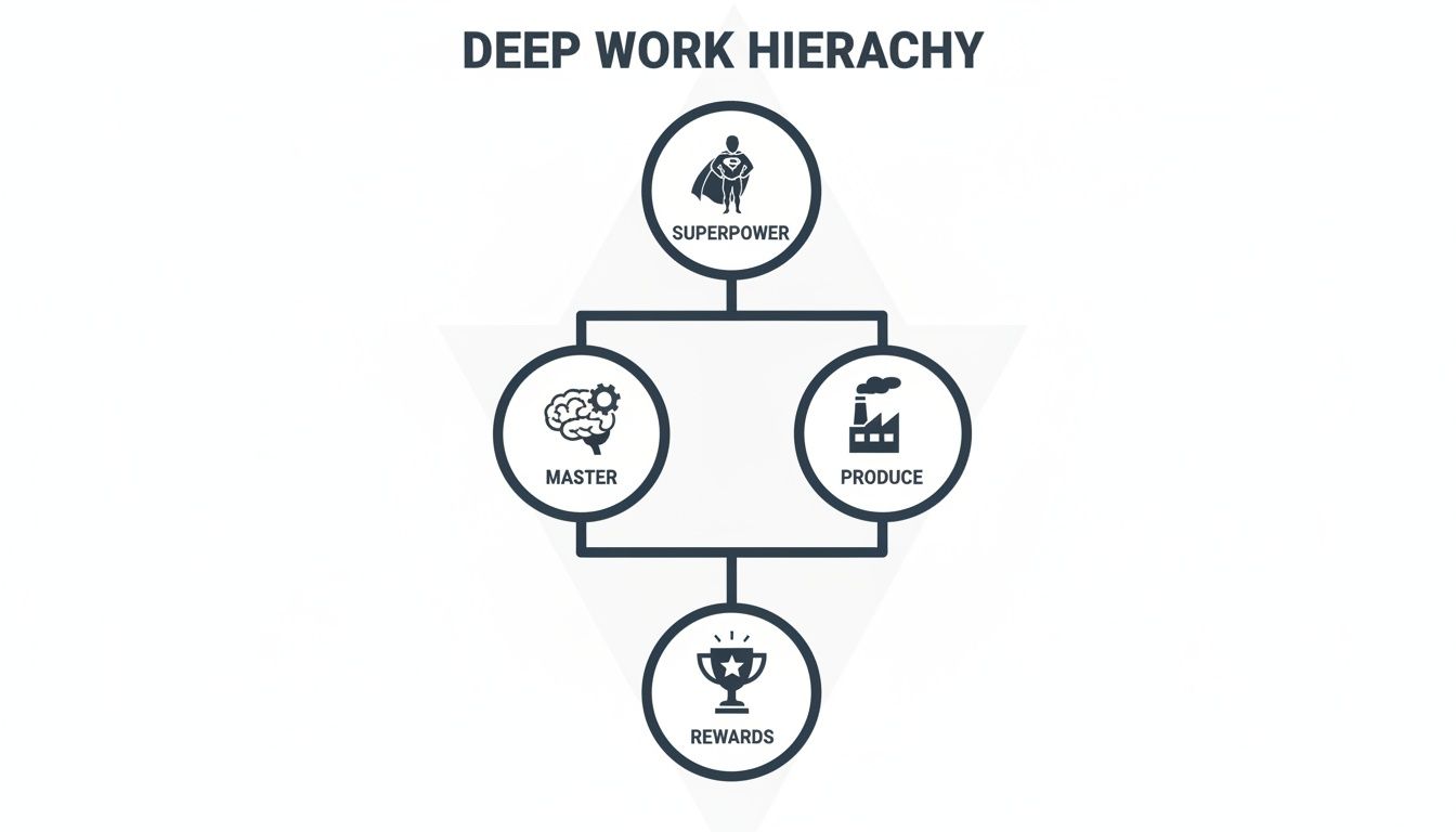 A diagram titled Deep Work Hierarchy showing Superpower leading to Master and Produce, which then lead to Rewards.