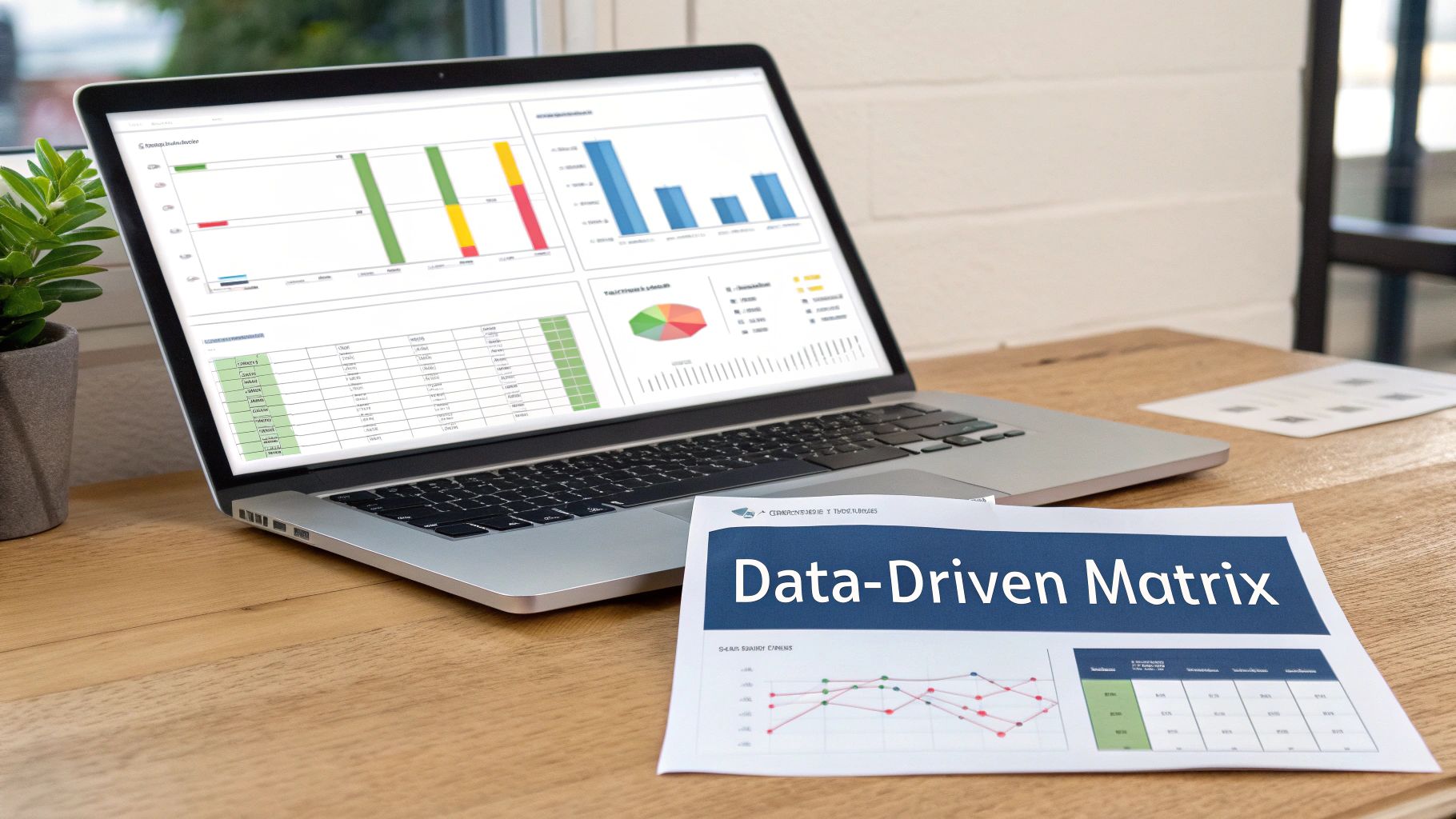 A laptop and a &#39;Data-Driven Matrix&#39; document on a wooden desk, showing business data analysis.