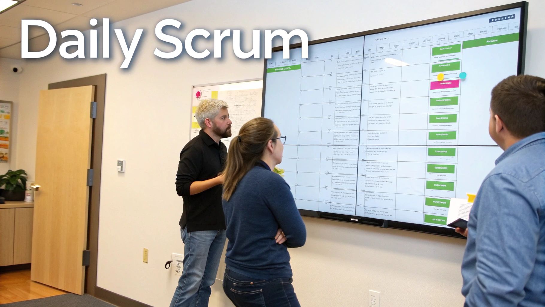 A team collaborating around a digital Scrum board