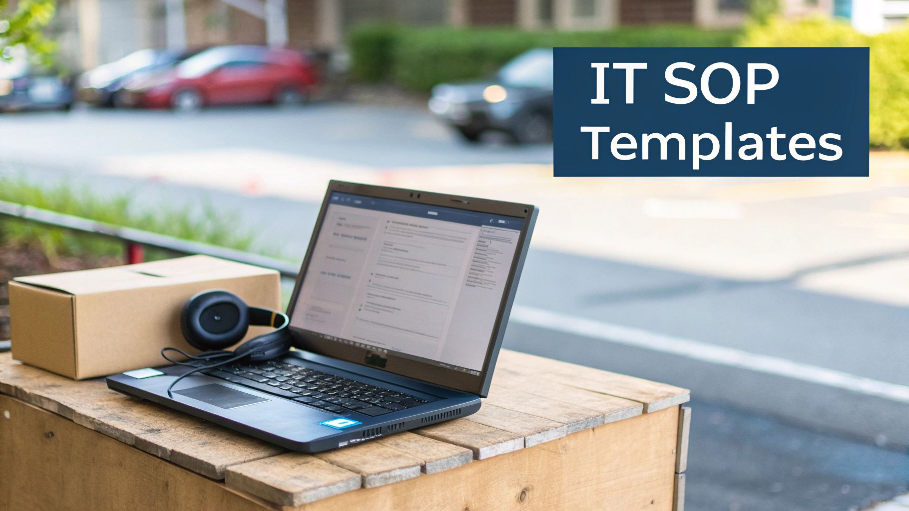 Laptop displaying IT SOP templates on outdoor wooden table with headset and cardboard box