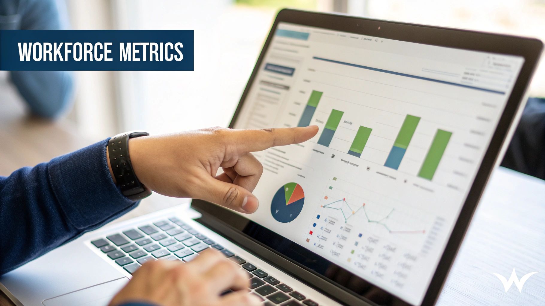 Person pointing at a laptop screen displaying various workforce metrics, charts, and graphs.