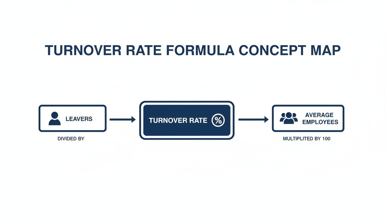 A concept map showing the turnover rate formula: Leavers divided by Average Employees for Turnover Rate percentage.