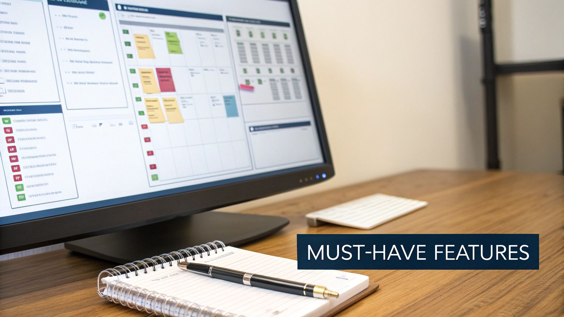 A person using a laptop with various planning feature icons like calendars, charts, and communication bubbles floating around it.