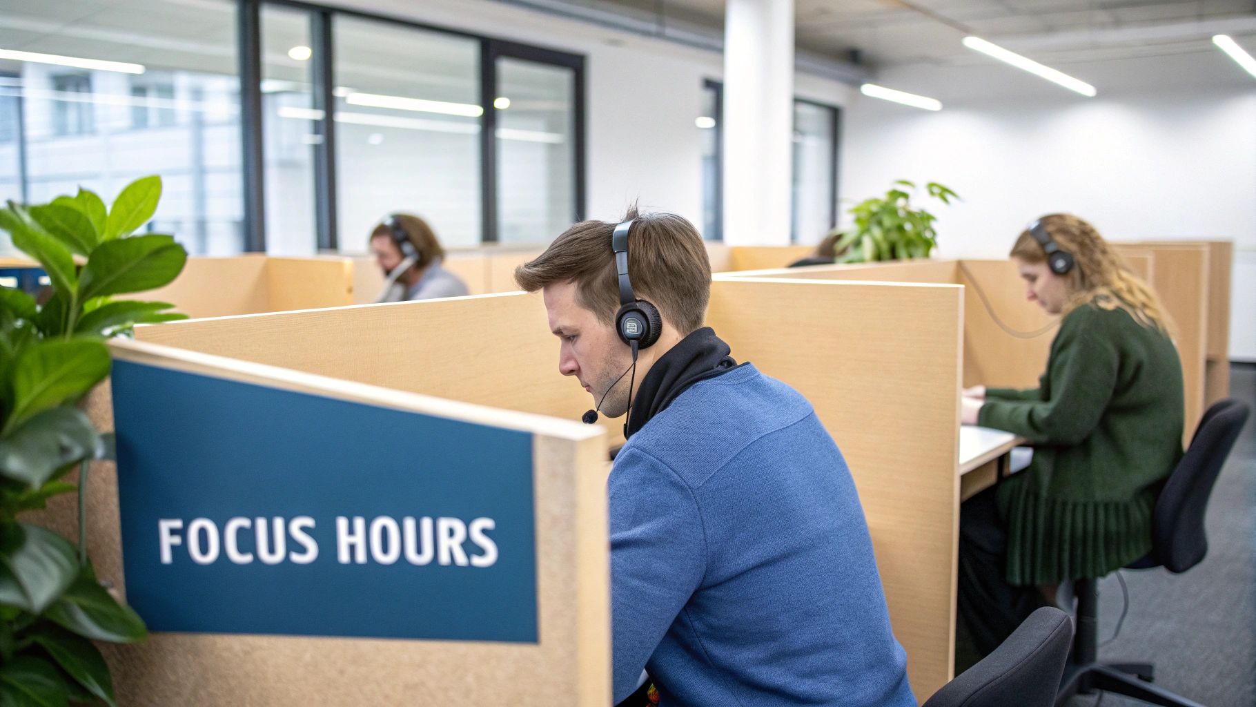 People in cubicles wearing headsets, focusing on work, with a 'Focus Hours' sign.