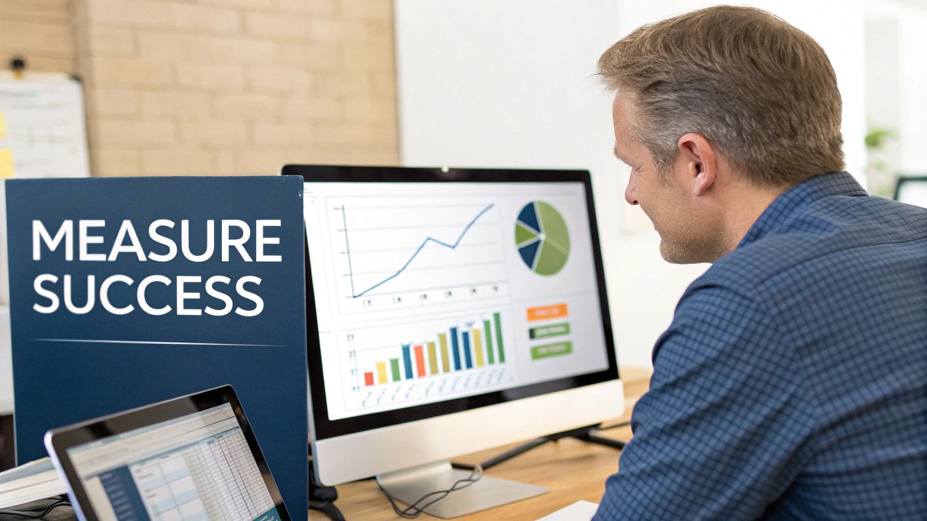 A man analyzes business data, graphs, and charts on a computer with a 'Measure Success' sign.