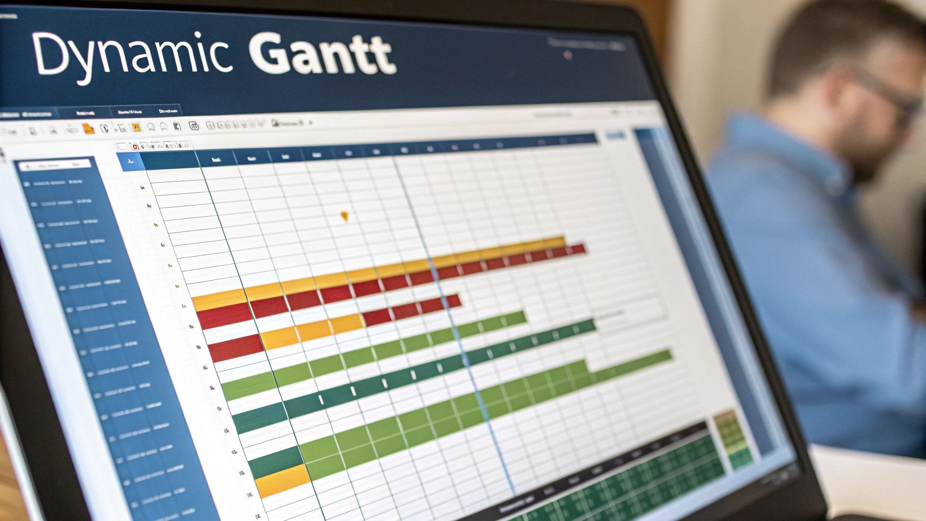 A dynamic Gantt chart in Excel, showing tasks, timelines, and progress bars.