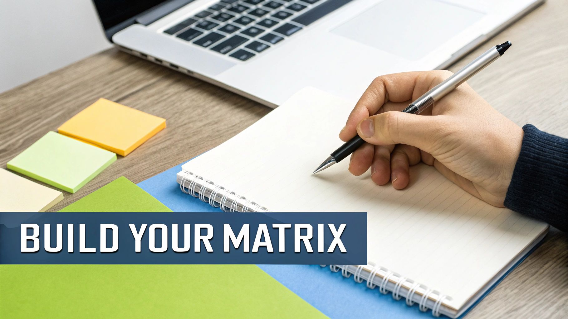 A hand writes in a spiral notebook on a wooden desk with a laptop, sticky notes, and a blue banner.