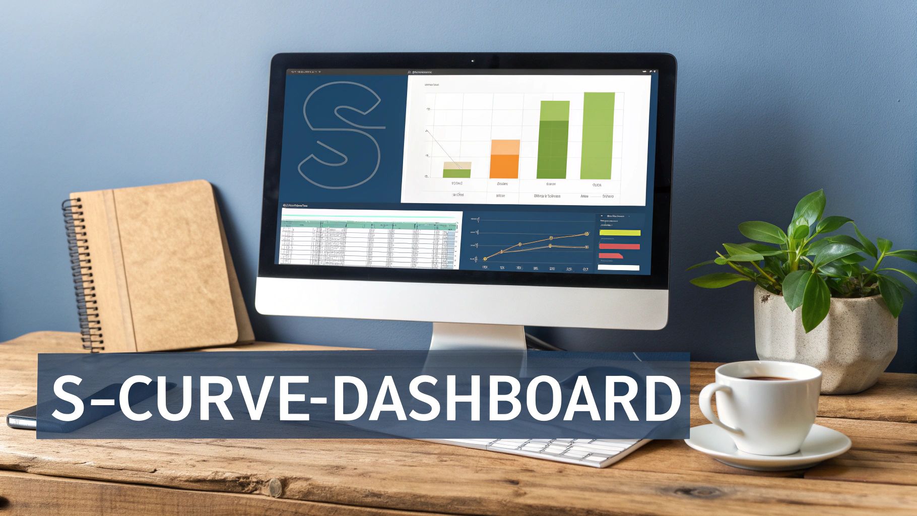 Desk setup with a monitor displaying an S-curve dashboard, a notebook, plant, and coffee.