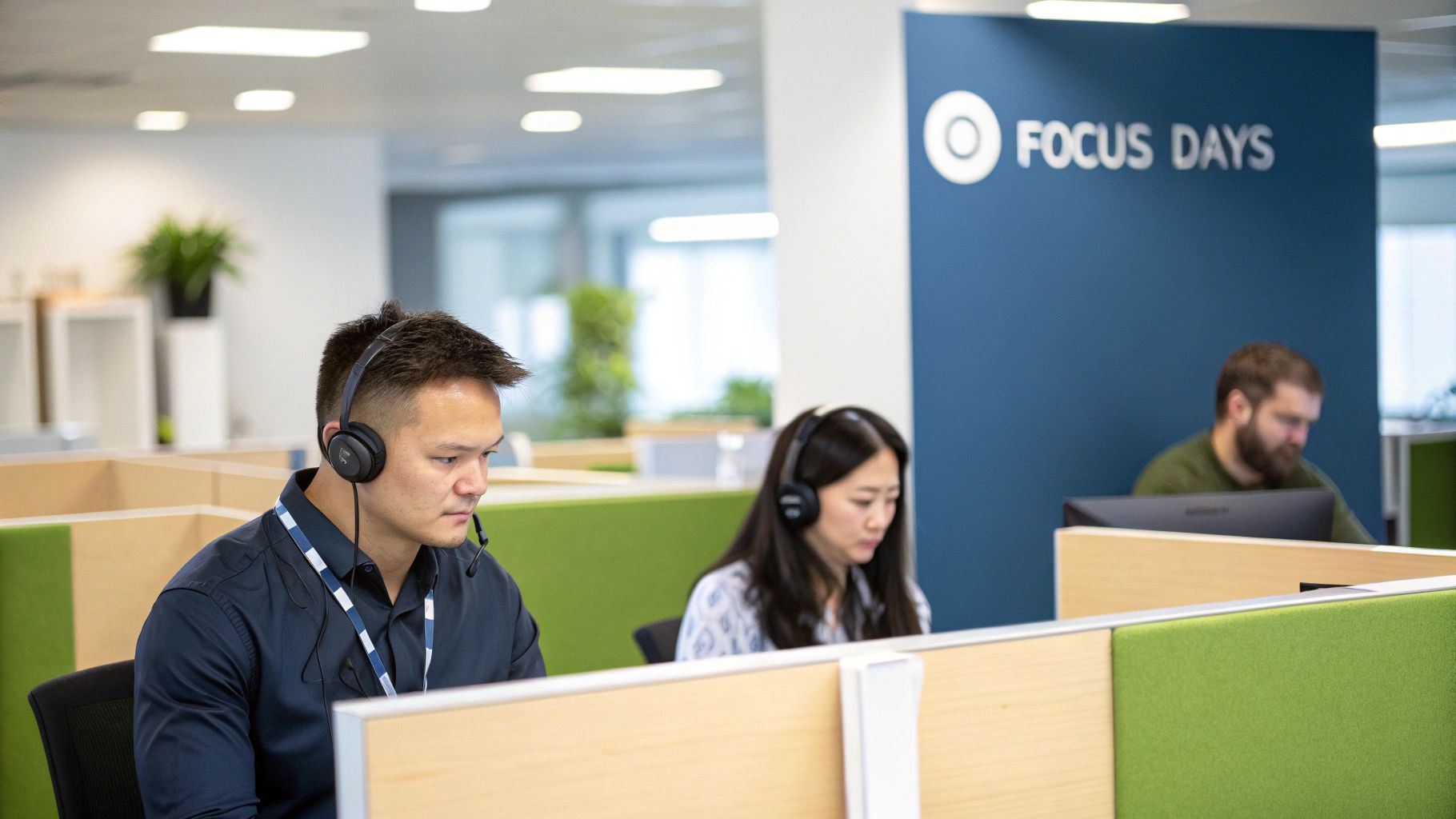 Call center employees wearing headsets working at cubicle desks in modern Focus Days office