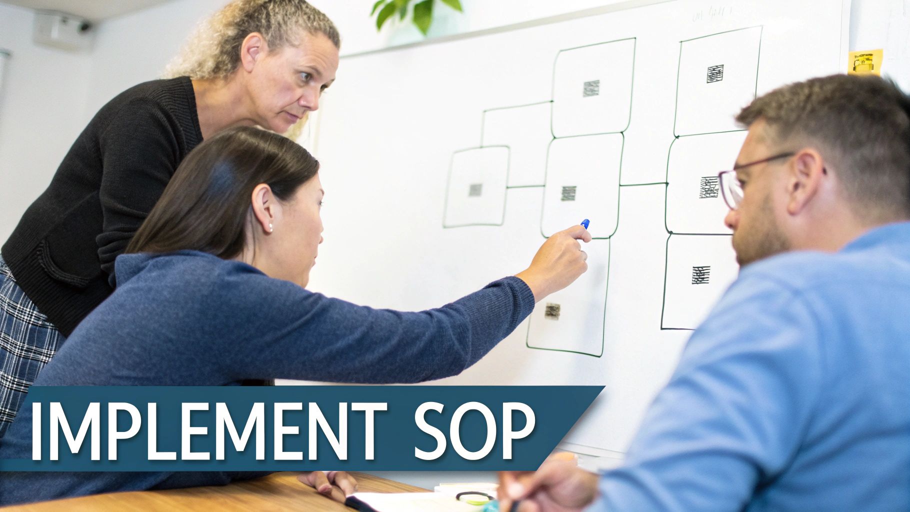 Business team collaborating on standard operating procedure flowchart during workshop meeting