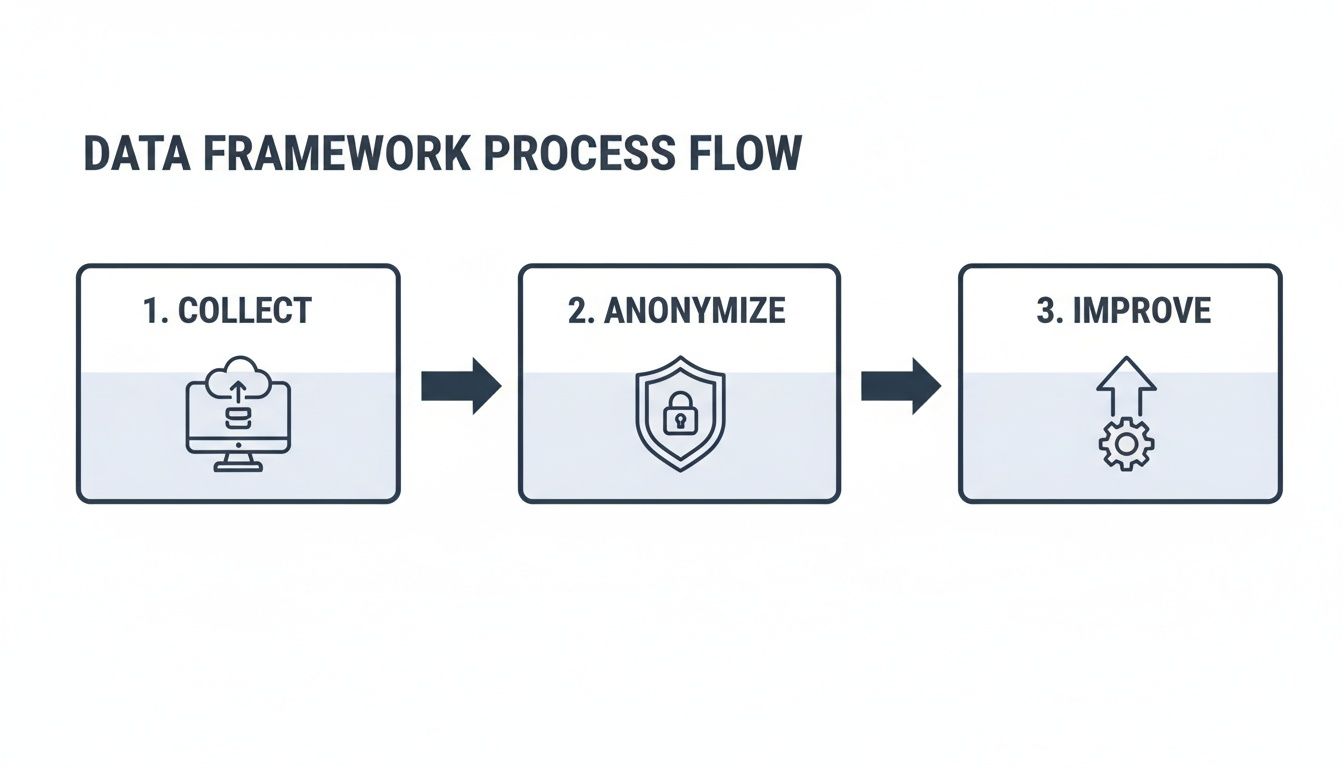 A data framework process flow showing three steps: Collect, Anonymize, and Improve, with icons.