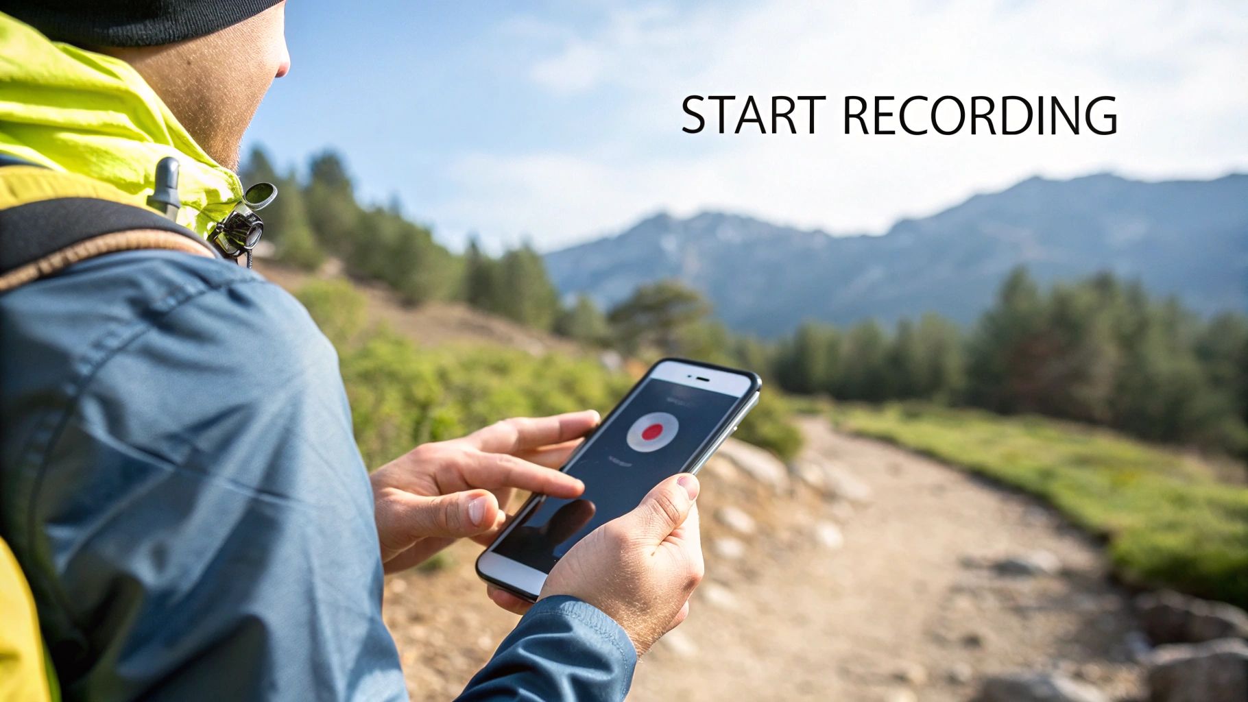 A person using a GPS tracking app on their iPhone while standing on a scenic trail.