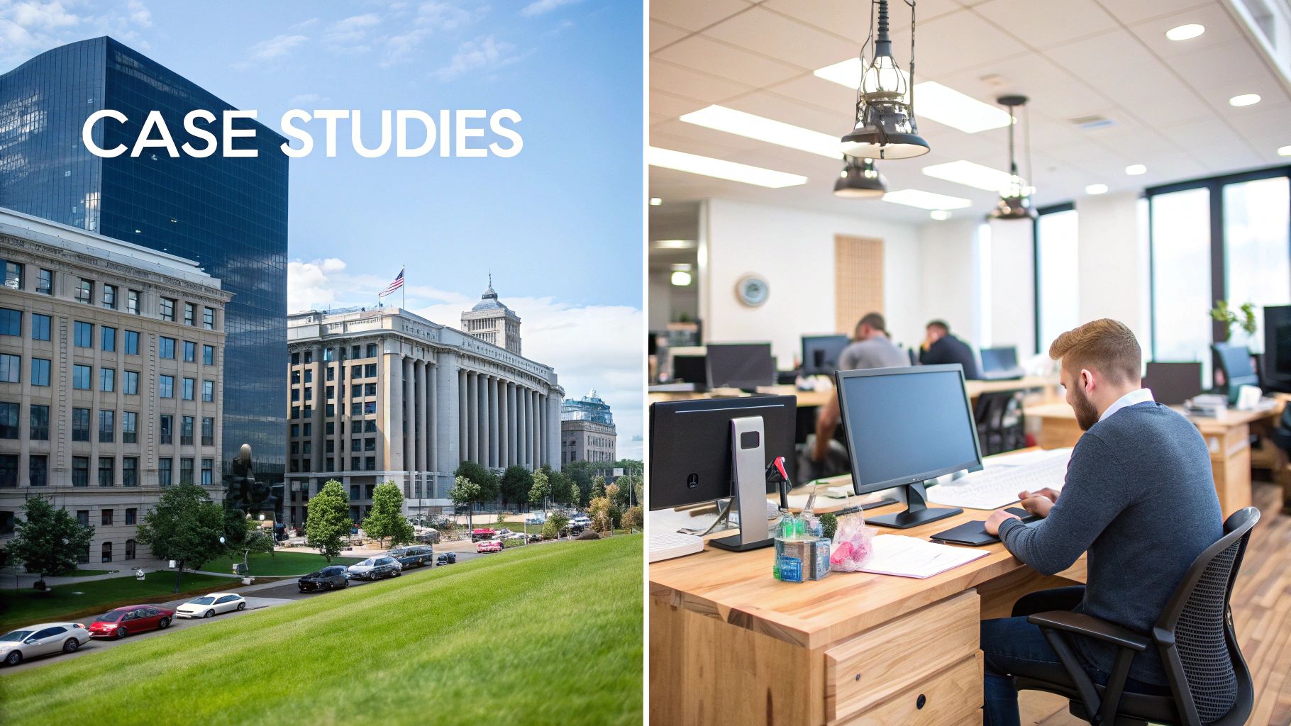 Split image showing modern city buildings and professionals working at computers in bright office space