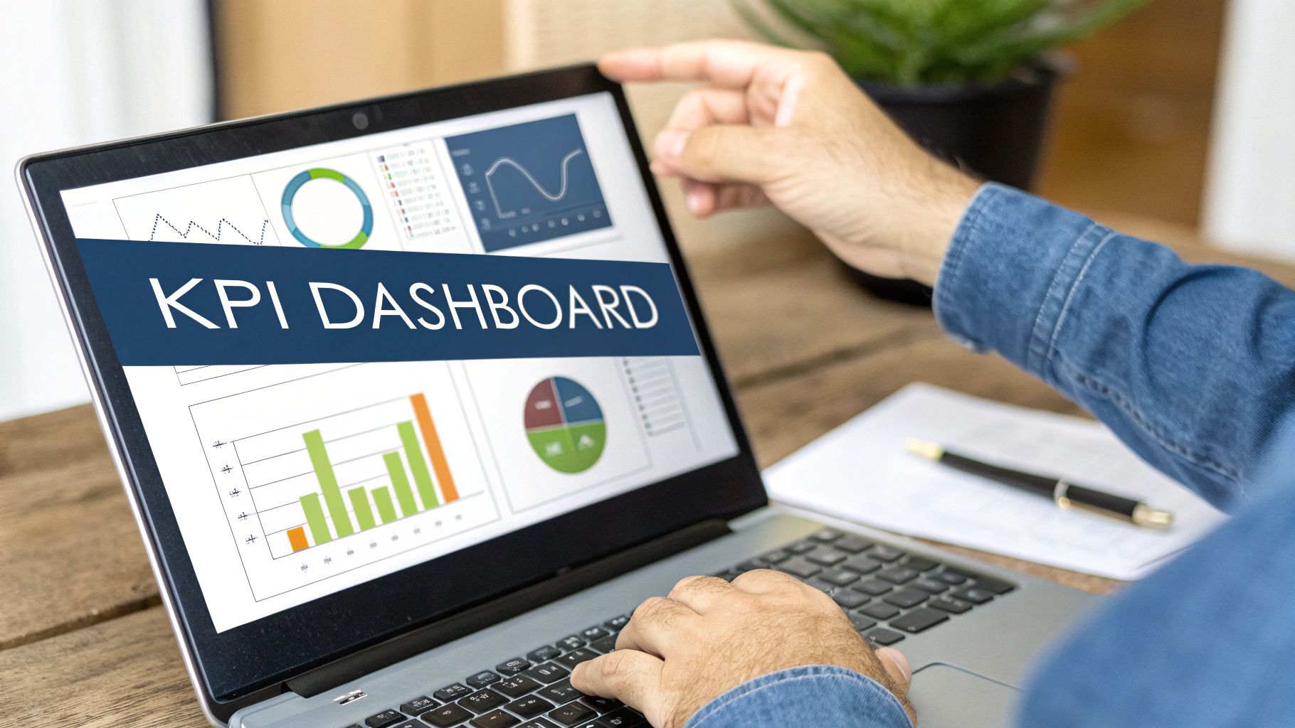 A person pointing at a screen displaying various HR KPI charts and graphs in a modern dashboard interface.