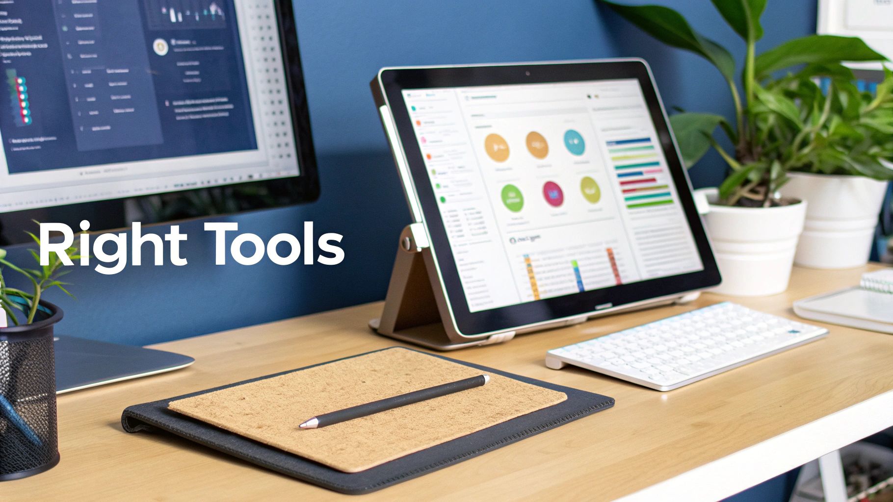 A digital scrum board on a screen with charts and graphs, representing project tracking tools.