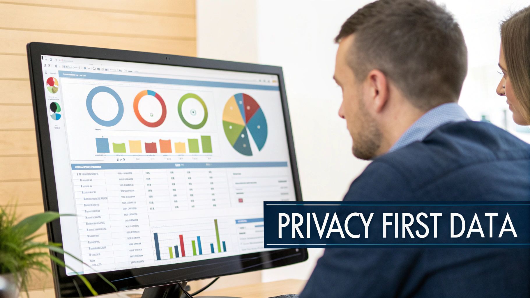Two business professionals viewing a computer screen displaying various data charts and tables.