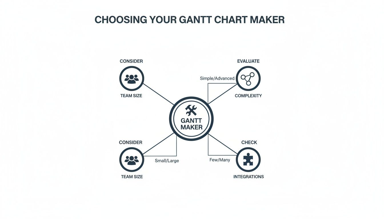 A diagram illustrating four key factors to consider when choosing a Gantt chart maker: team size, complexity, and integrations.
