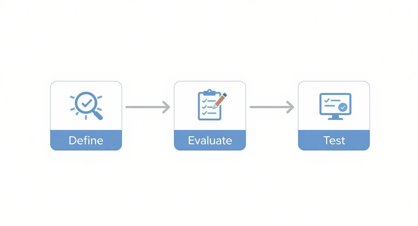 Infographic showing the process flow of choosing software with three steps: Define, Evaluate, and Test.