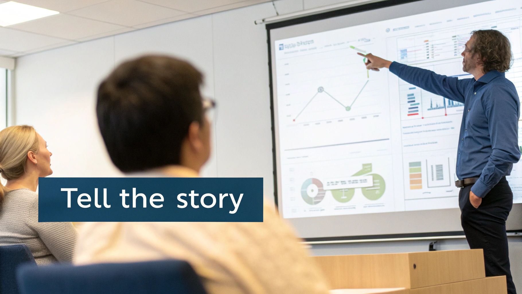 A person presenting a compelling data story on a screen to executives, using clear charts and visuals to illustrate HR insights.