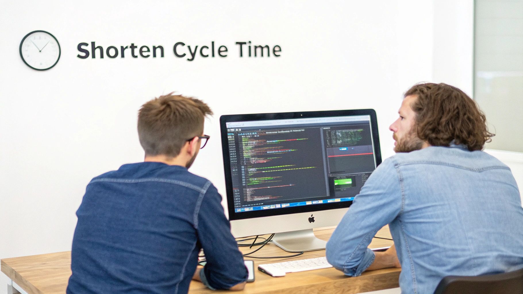 Two developers collaborating on code to shorten cycle time in software development process