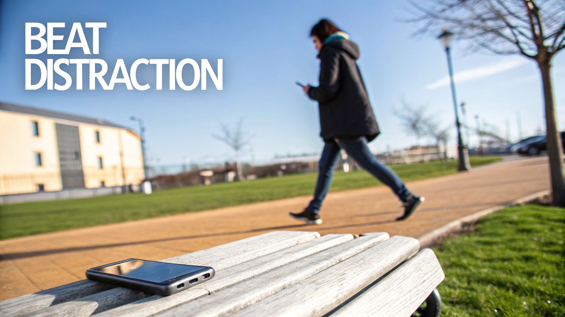 A smartphone rests on a park bench while a person walks away, distracted by their phone.