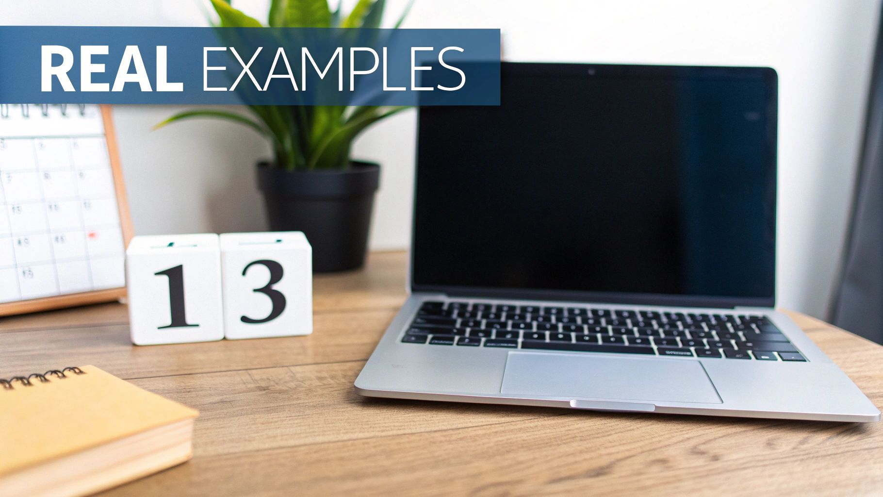 A wooden desk with a laptop, plant, calendar, &#39;13&#39; date blocks, and a notebook, with &#39;REAL EXAMPLES&#39; overlay.