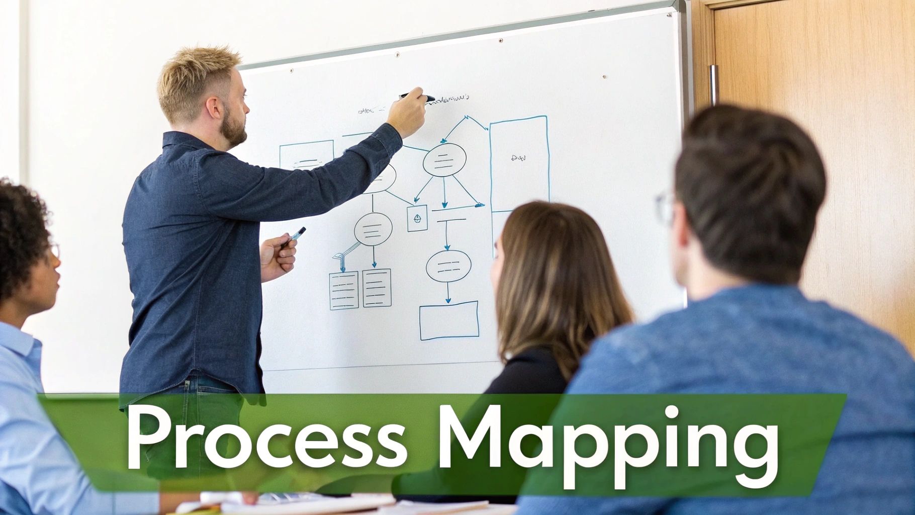 A man draws a business process map on a whiteboard for a diverse group of attentive students.