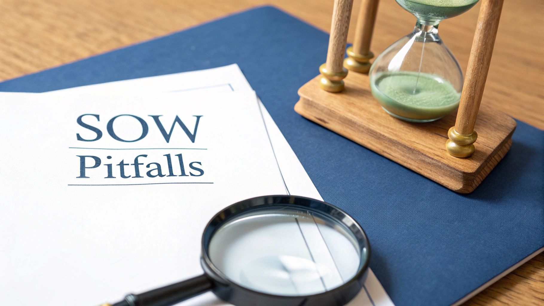 A document titled 'SOW Pitfalls' with a magnifying glass and an hourglass, symbolizing review and time.