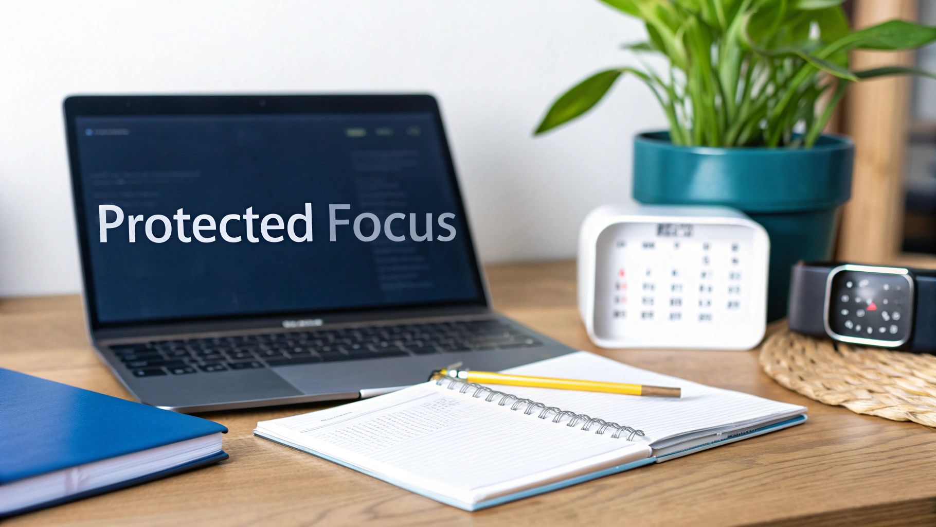 A workspace with a laptop showing "Protected Focus", notebooks, a calendar clock, and a plant.
