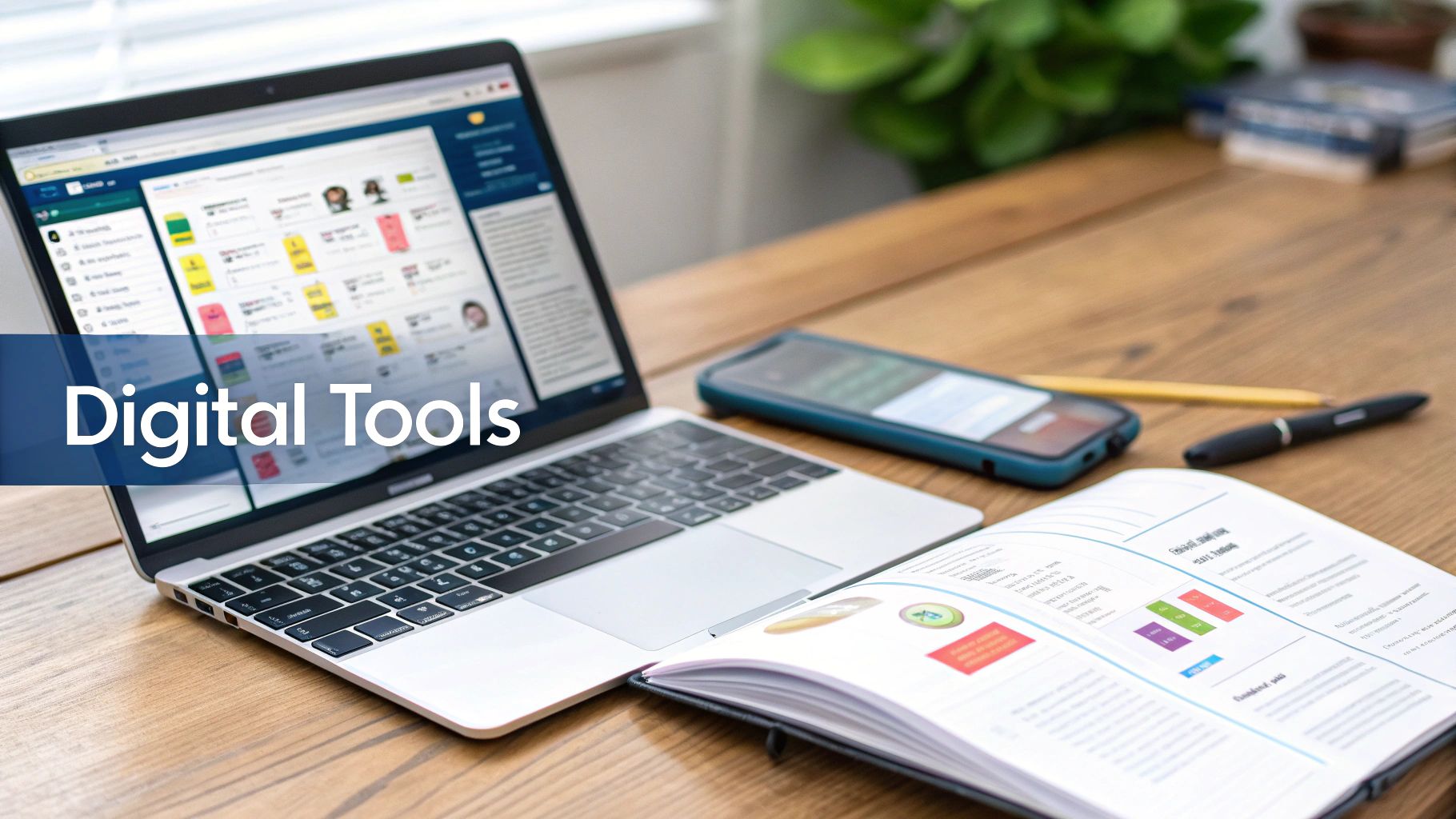 A team using various devices to collaborate on a project, showcasing different software interfaces.
