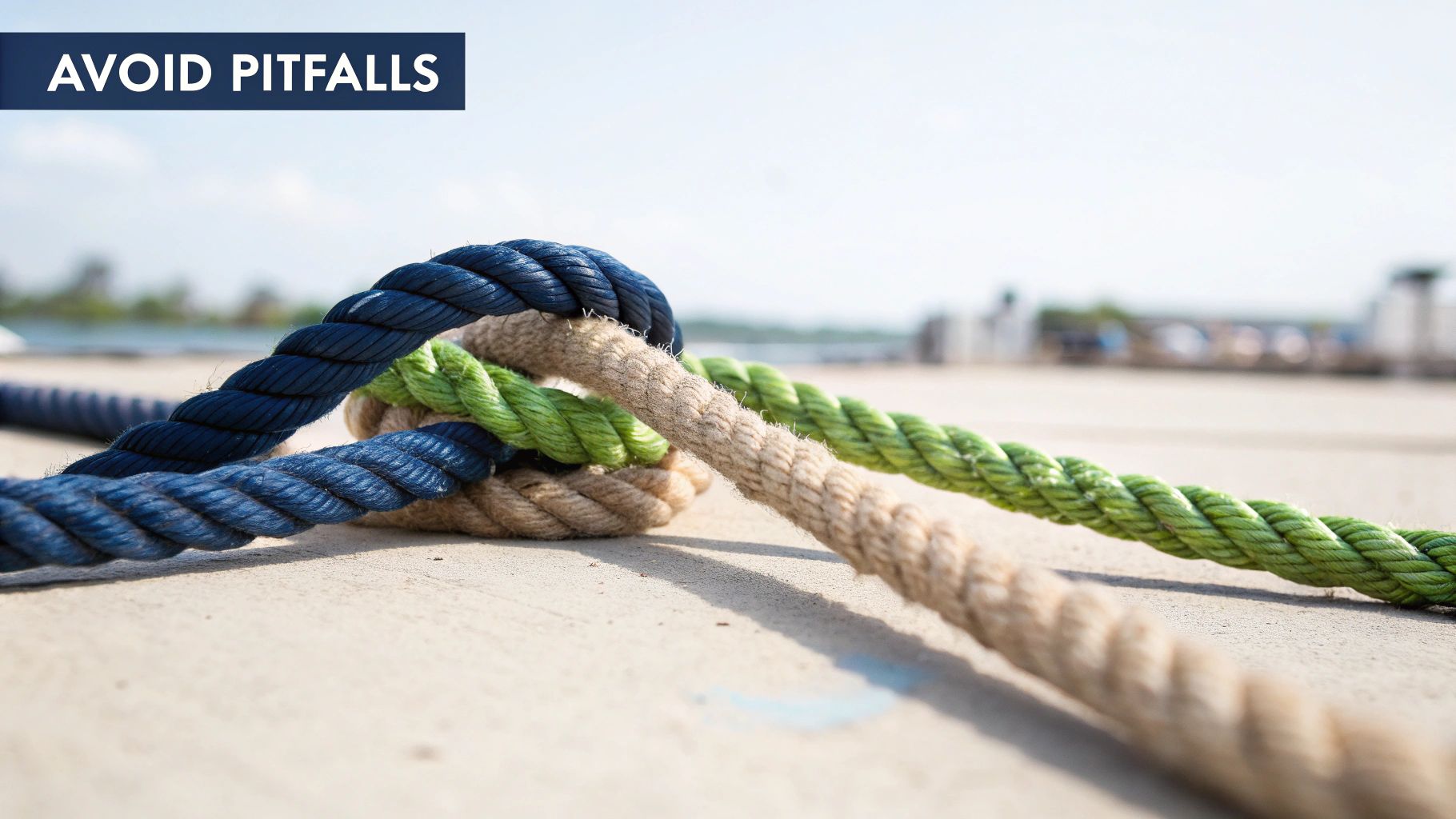 Intertwined blue, green, and natural ropes on a concrete surface with 'AVOID PITFALLS' overlay.