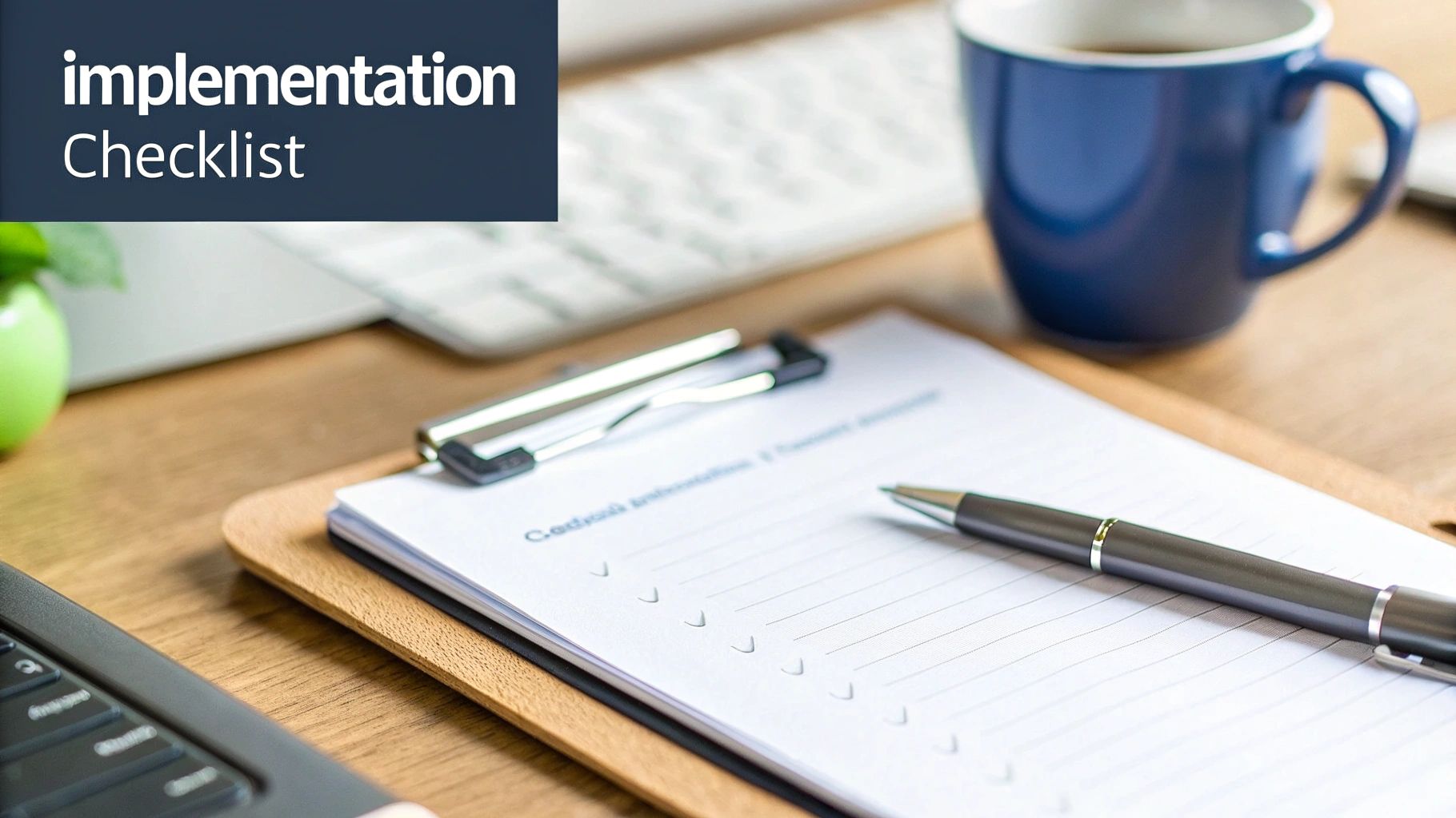 Desk setup with an 'implementation Checklist' on a clipboard, pen, coffee, and keyboard.