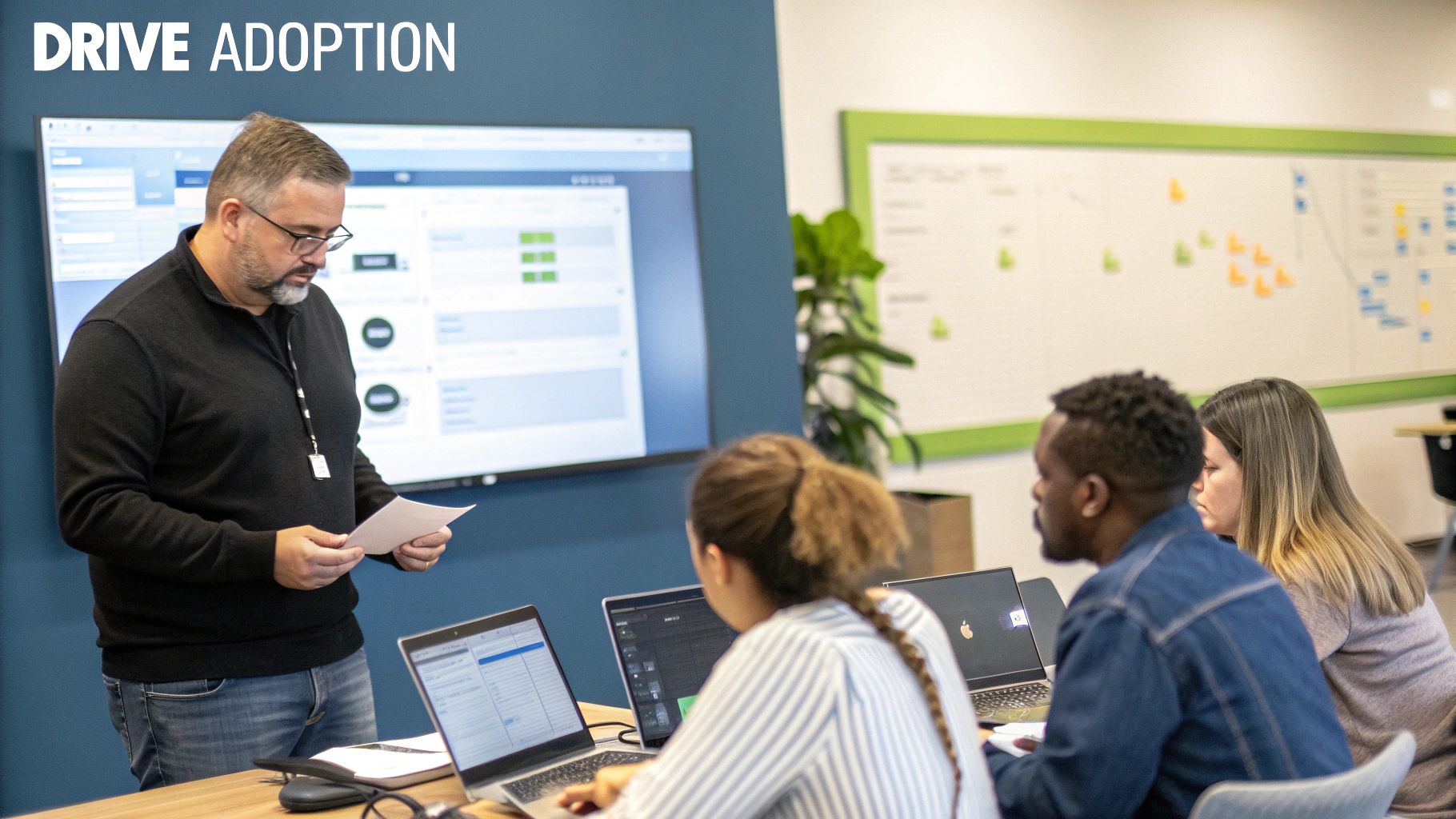 A group of colleagues in a modern office, engaged in a training session on a new software platform shown on a large screen.