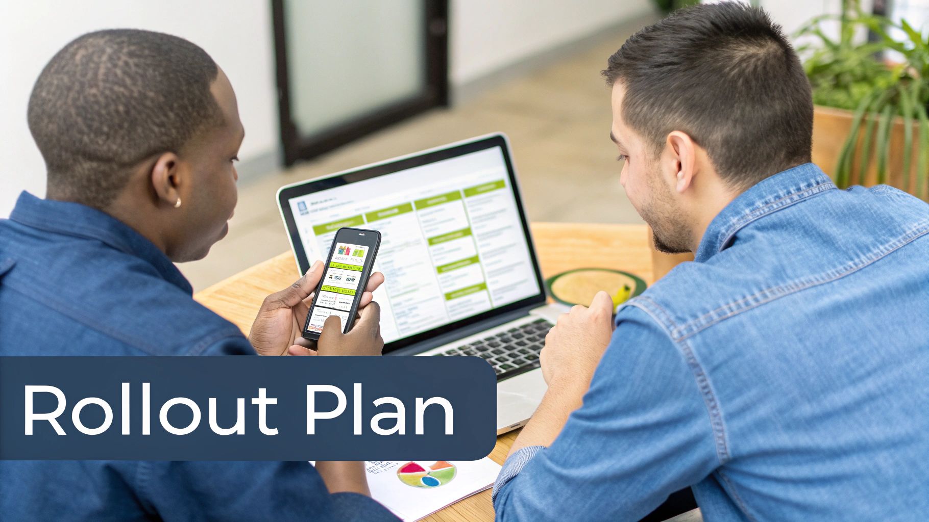 Two men collaborate, reviewing a mobile app on a smartphone and laptop screen.