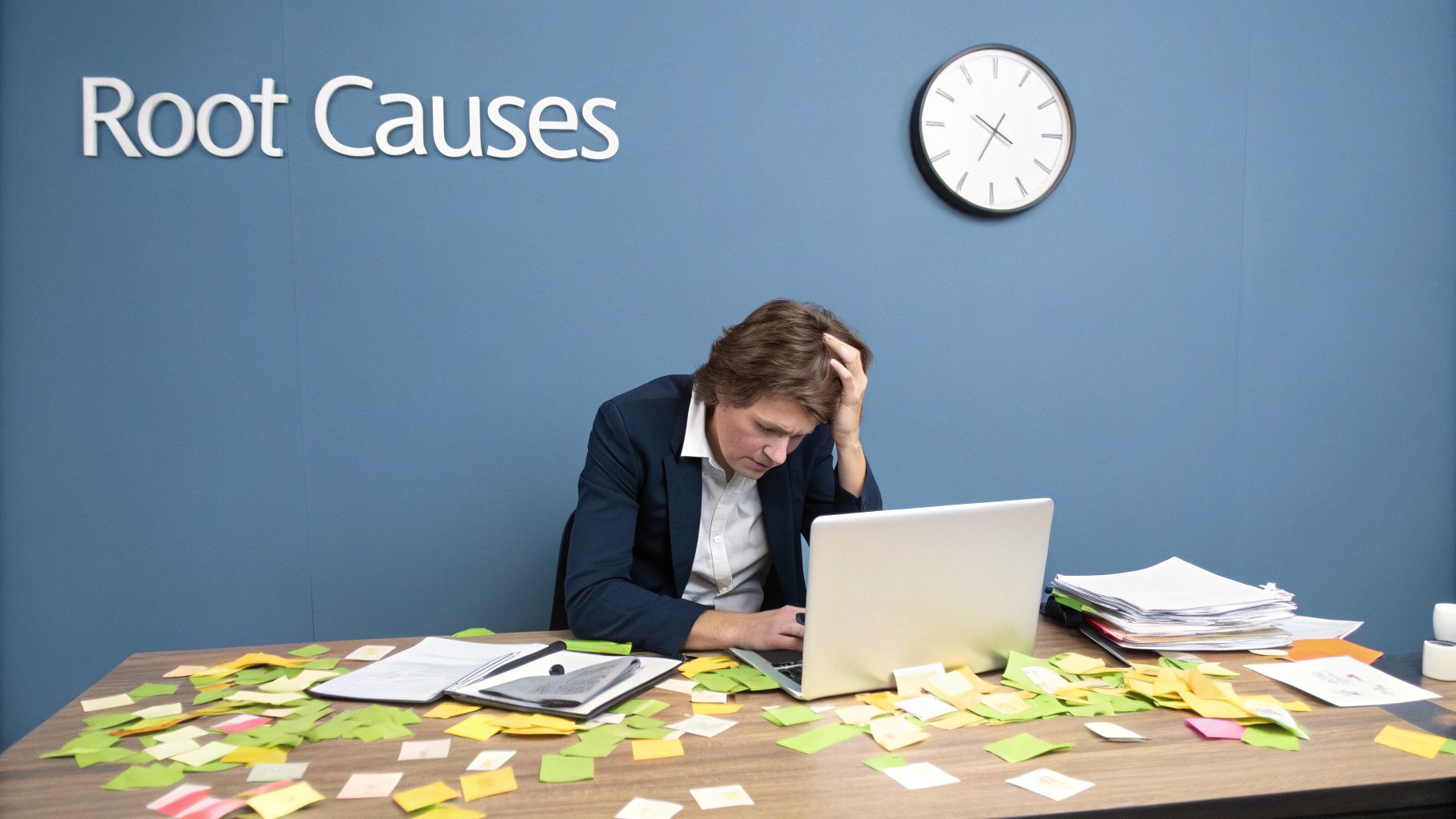 Overwhelmed businessman surrounded by sticky notes, contemplating "Root Causes" on a blue wall.