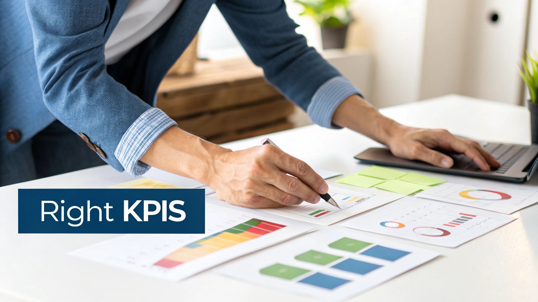 Person analyzing data reports and charts on a desk with a laptop, focused on 'Right KPIs'.