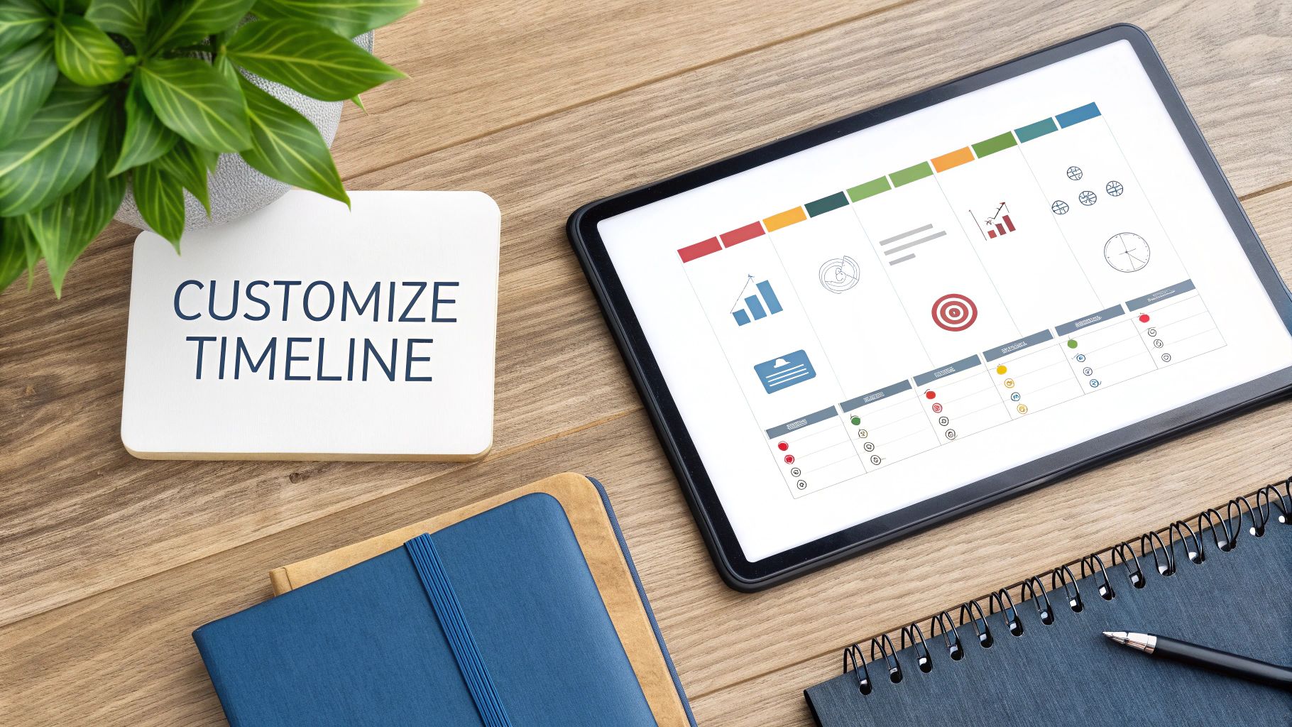 A customized Gantt chart with colour-coded tasks and milestones.