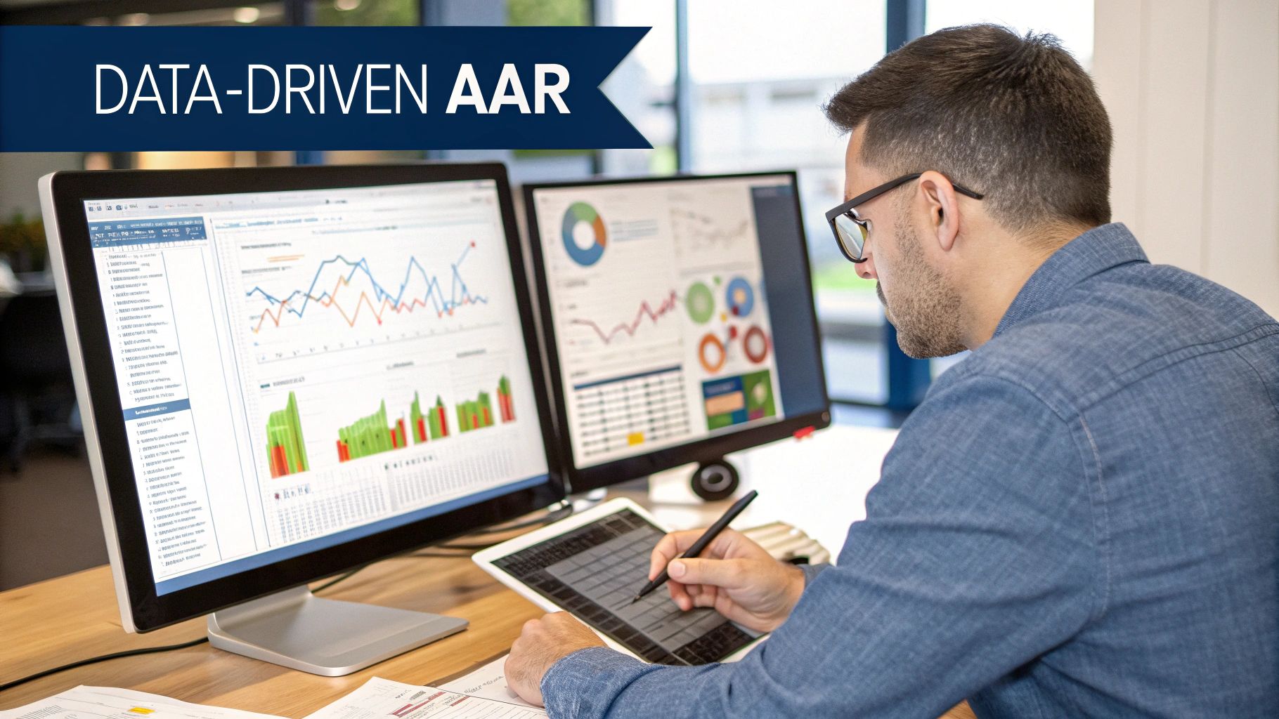 A man analyzing data-driven after action review insights on multiple computer screens and a tablet.