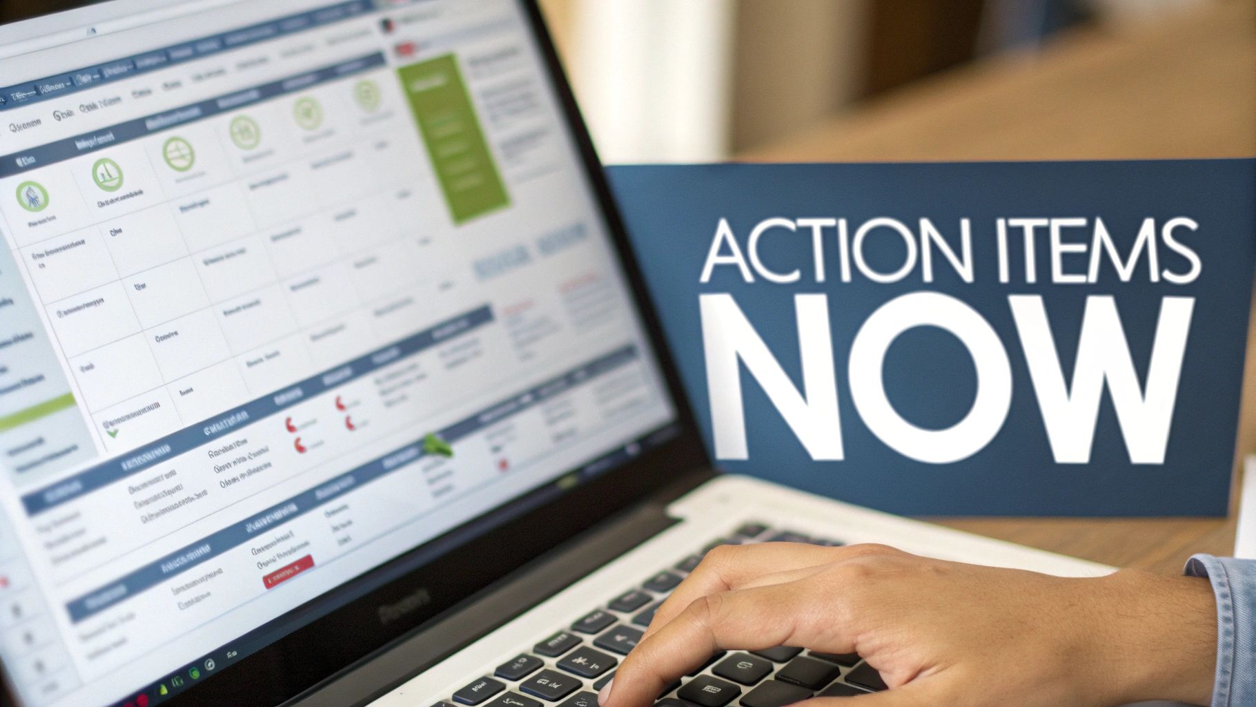 A person types on a laptop displaying a task management dashboard with an &#39;ACTION ITEMS NOW&#39; sign.