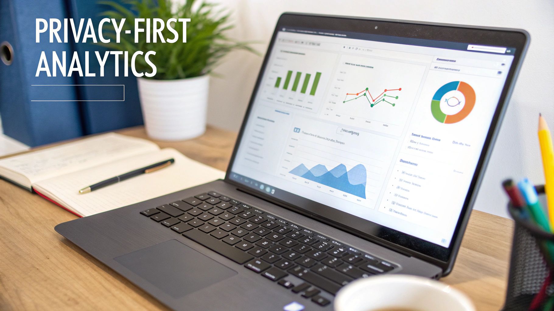 A laptop displaying privacy-first analytics data, charts, and graphs on a desk with a notebook.